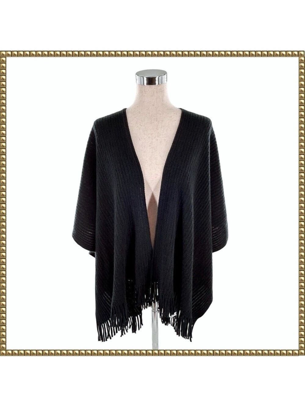 Loft Black Ribbed Fringe Shawl Shrug One Size NWT